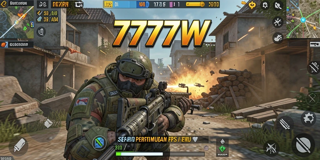 Screenshot gameplay 7777W menunjukkan aksi tembak-menembak yang intens.