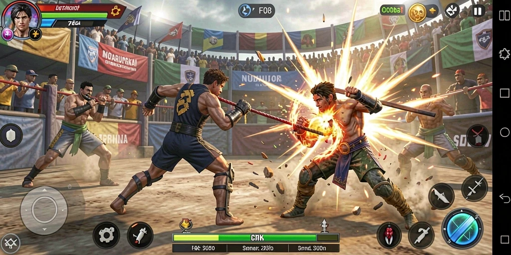 Screenshot F08 menunjukkan pertarungan intens antara dua karakter di arena.