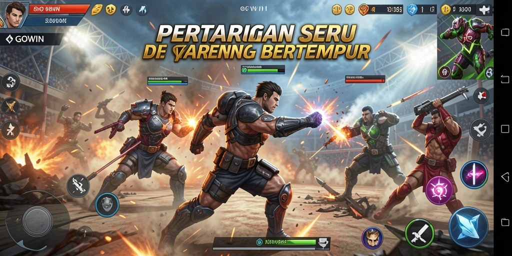 GOWIN menampilkan aksi pertarungan seru di arena yang dinamis.