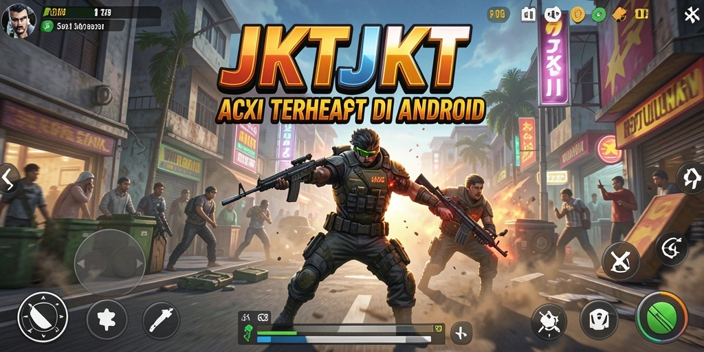 Screenshot utama JKTJKT menampilkan aksi pertempuran seru dan intens.
