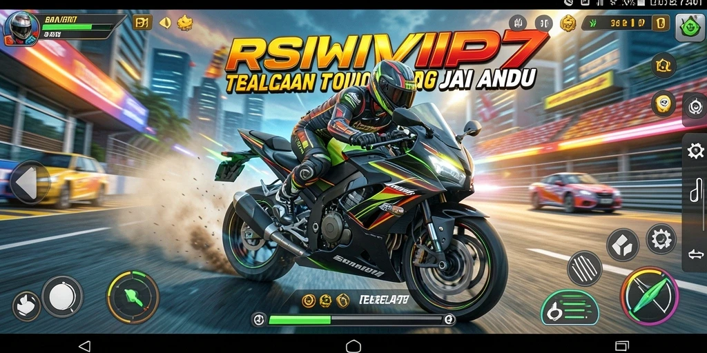 Screenshot gameplay RSNVIP7 menampilkan balapan motor cepat dan intens.