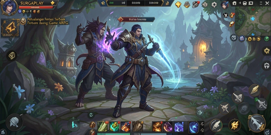 Tampilan gameplay <strong>SURGAPLAY</strong> dengan pertarungan yang intens dan karakter unik.
